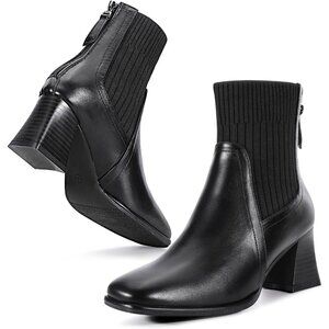 Women's Black Square Toe Ankle Boots Low Block Heel Chelsea Boots Back Zipper
